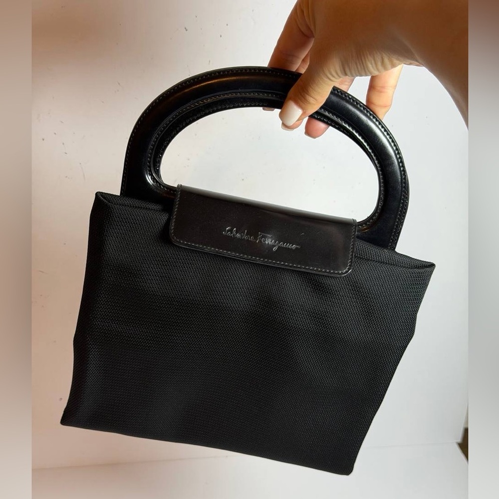 Salvatore Ferragamo Gancini Hand Bag in Black Nylon with Black Leather Trim - Picture 10 of 10